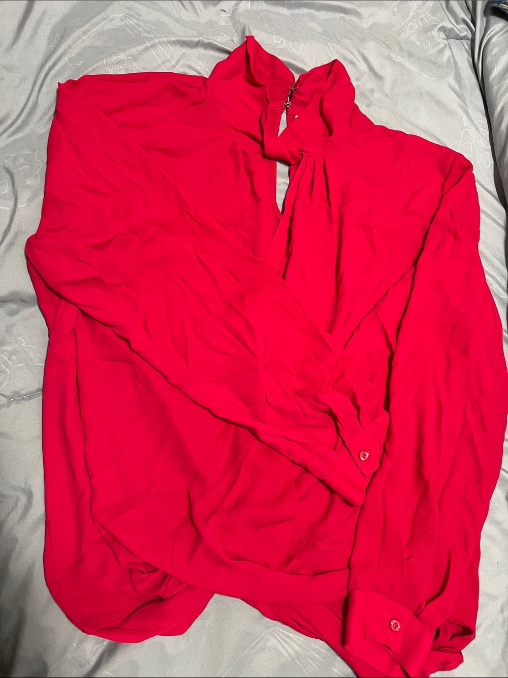 New York & Company Bright Pink Keyhole Blouse